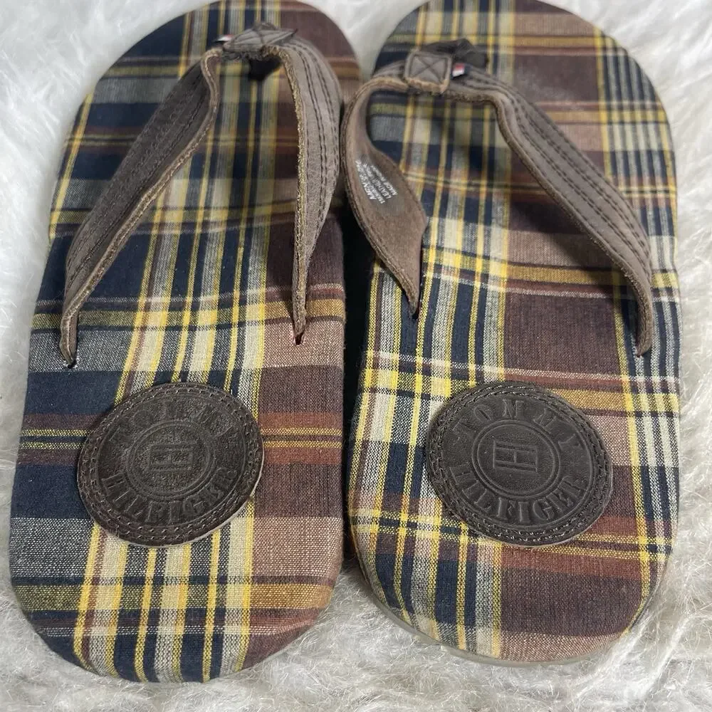 Tommy Hilfiger Flip Flops Mens 7M Brown Leather Plaid Thong Sandals